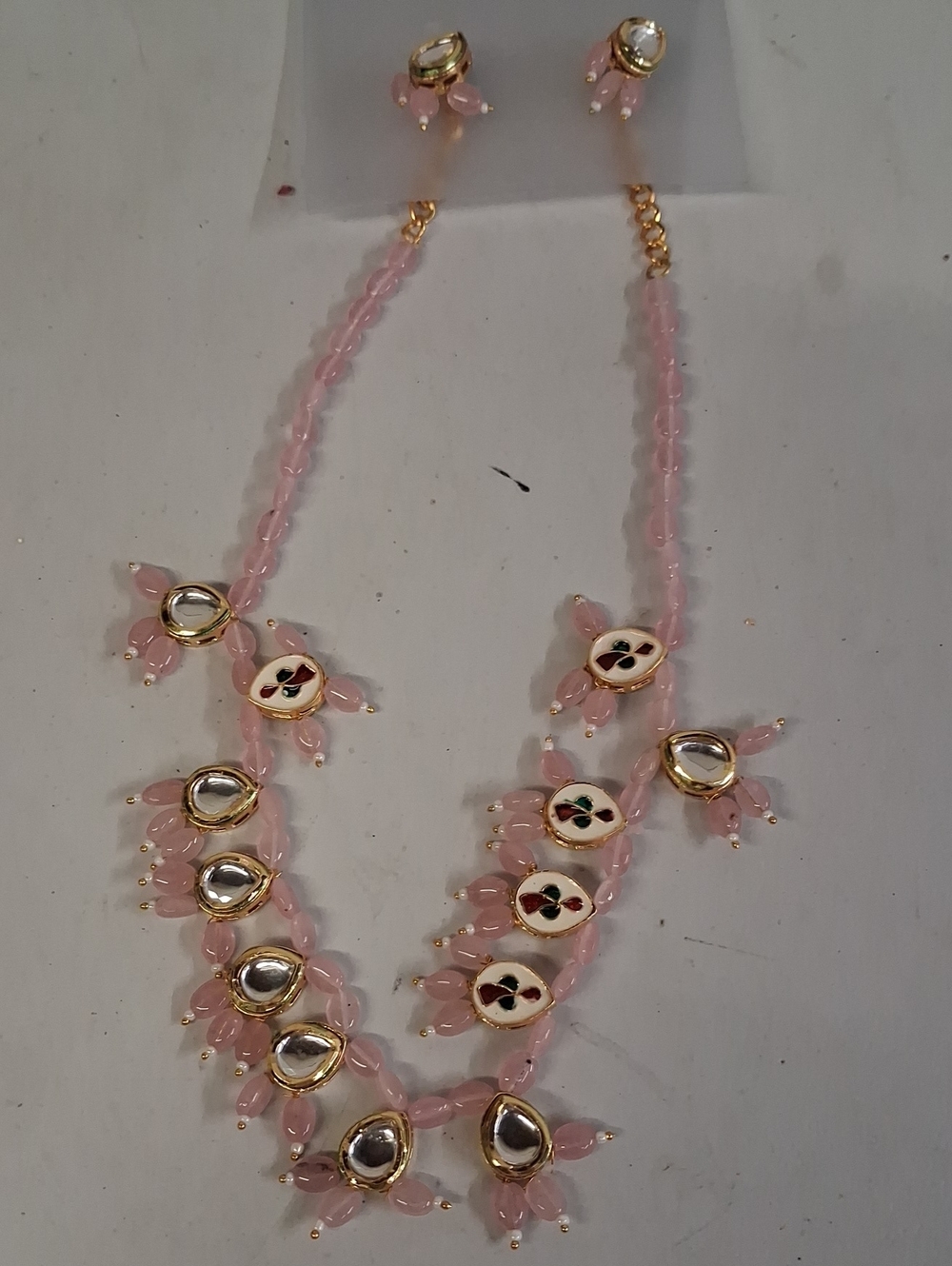 NWT Pink Beaded Kundan Necklace With Matching Earrings
